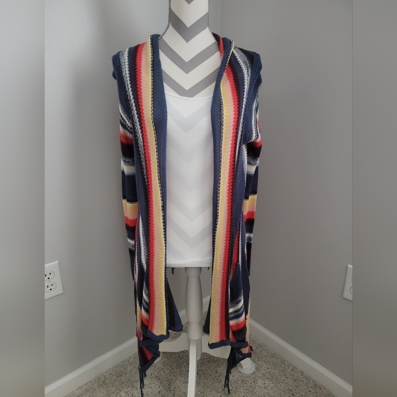 Billabong Small Womens Multi Color Cardigan with Fringe Hem and Pockets - Picture 2 of 4